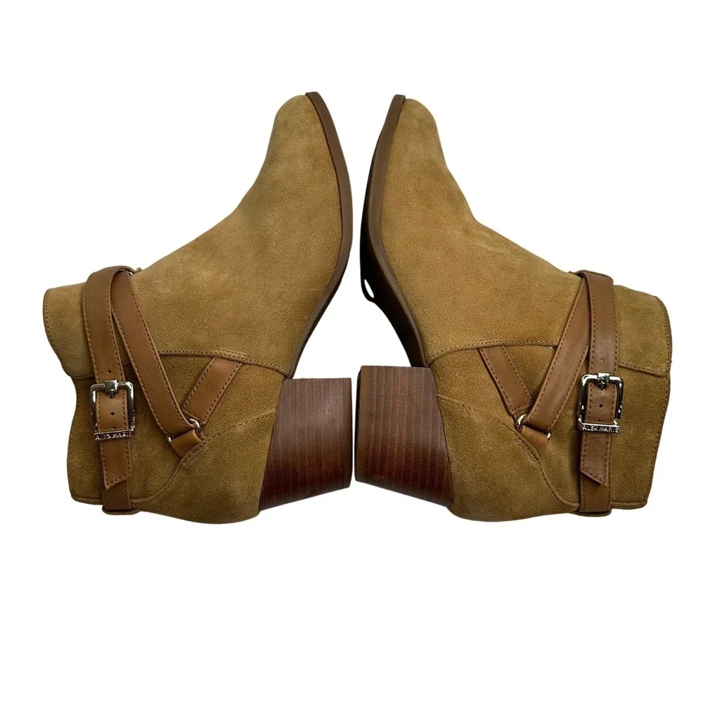 Alex Marie Womens Tan Suede Ankle Boots Buckle Strap Pointed Toe Block Heel 8.5M